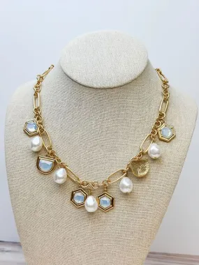 Pearl & Iridescent Stone Charm Necklace - Opal