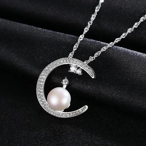 Pearl Embed CZ Diamond Moon Pendant Necklace Silver Pearl Necklace