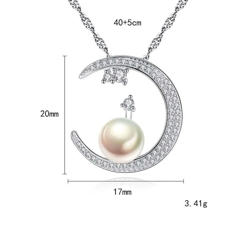 Pearl Embed CZ Diamond Moon Pendant Necklace Silver Pearl Necklace