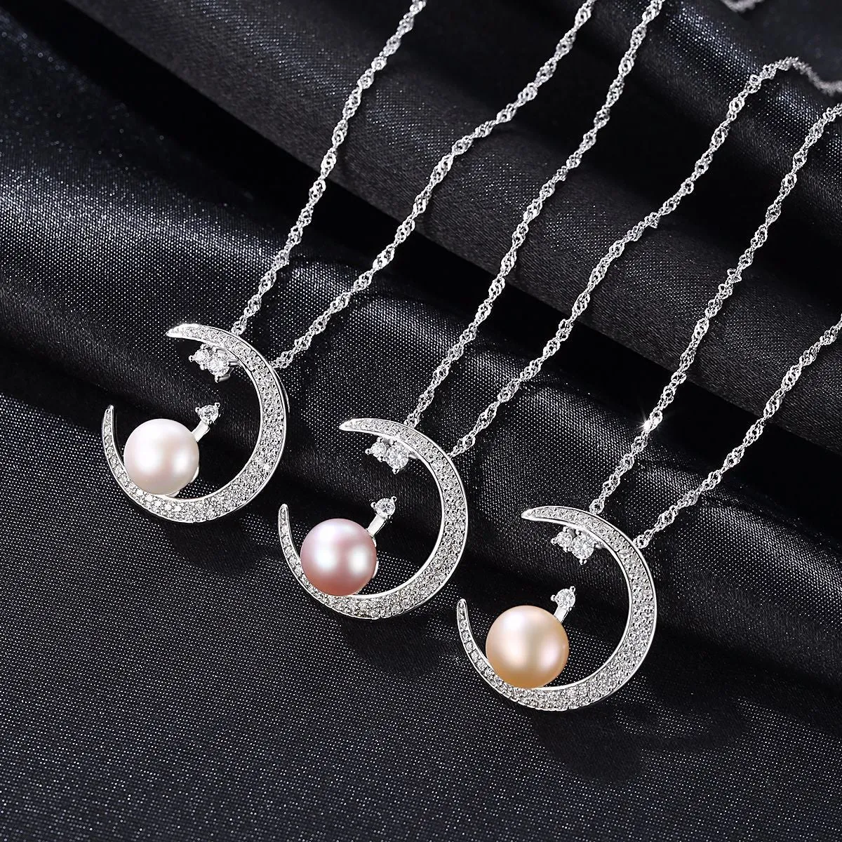 Pearl Embed CZ Diamond Moon Pendant Necklace Silver Pearl Necklace