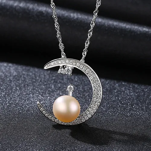 Pearl Embed CZ Diamond Moon Pendant Necklace Silver Pearl Necklace