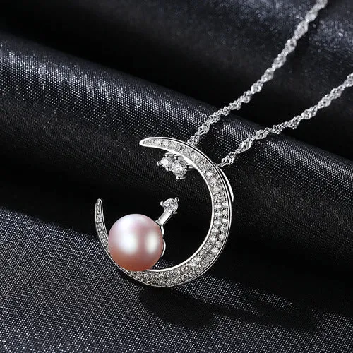 Pearl Embed CZ Diamond Moon Pendant Necklace Silver Pearl Necklace