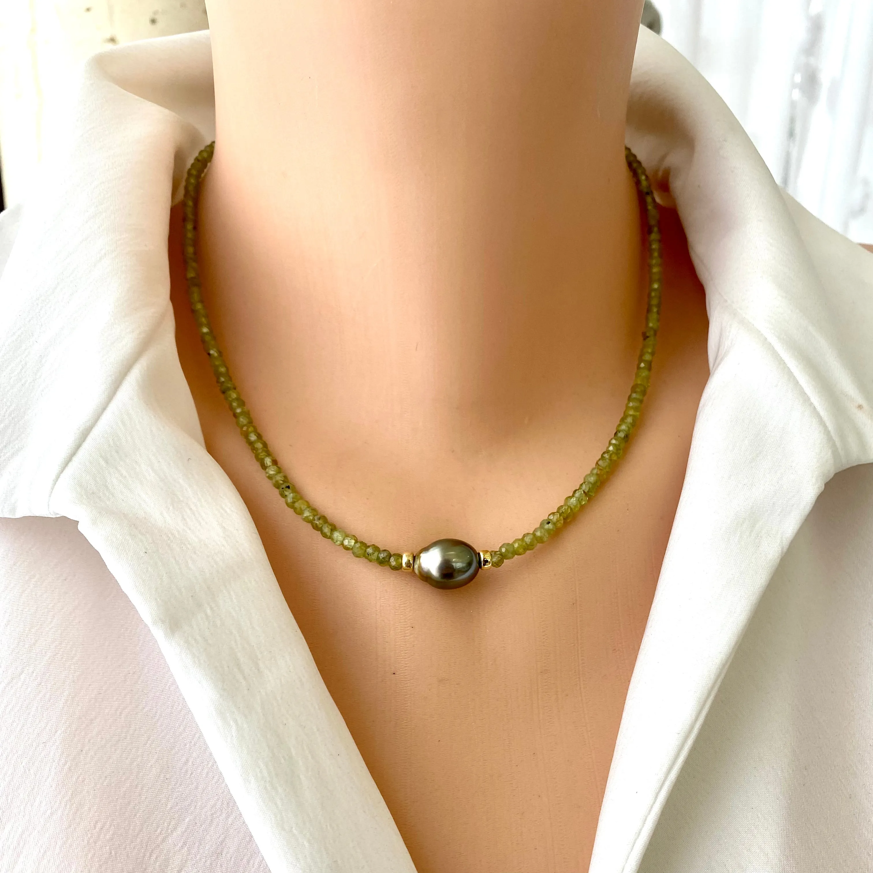 Peridot Necklace & Tahitian Baroque Pearl, Gold Vermeil Plated Silver, 17inch, August Birthstone