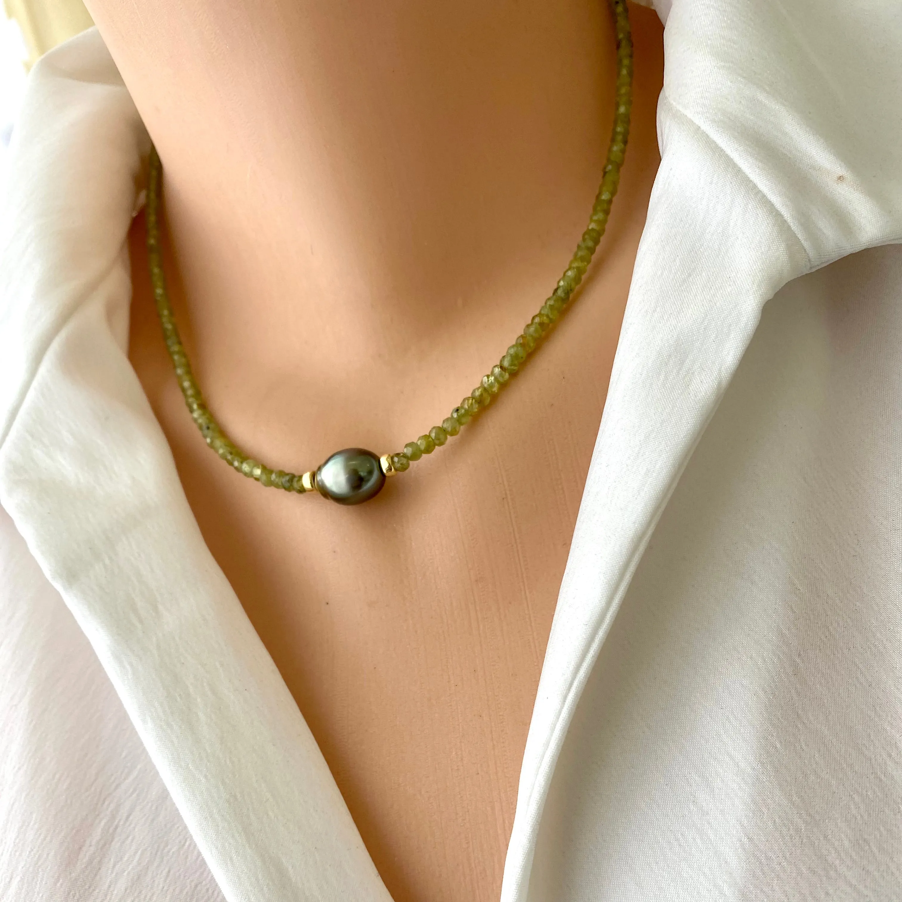 Peridot Necklace & Tahitian Baroque Pearl, Gold Vermeil Plated Silver, 17inch, August Birthstone