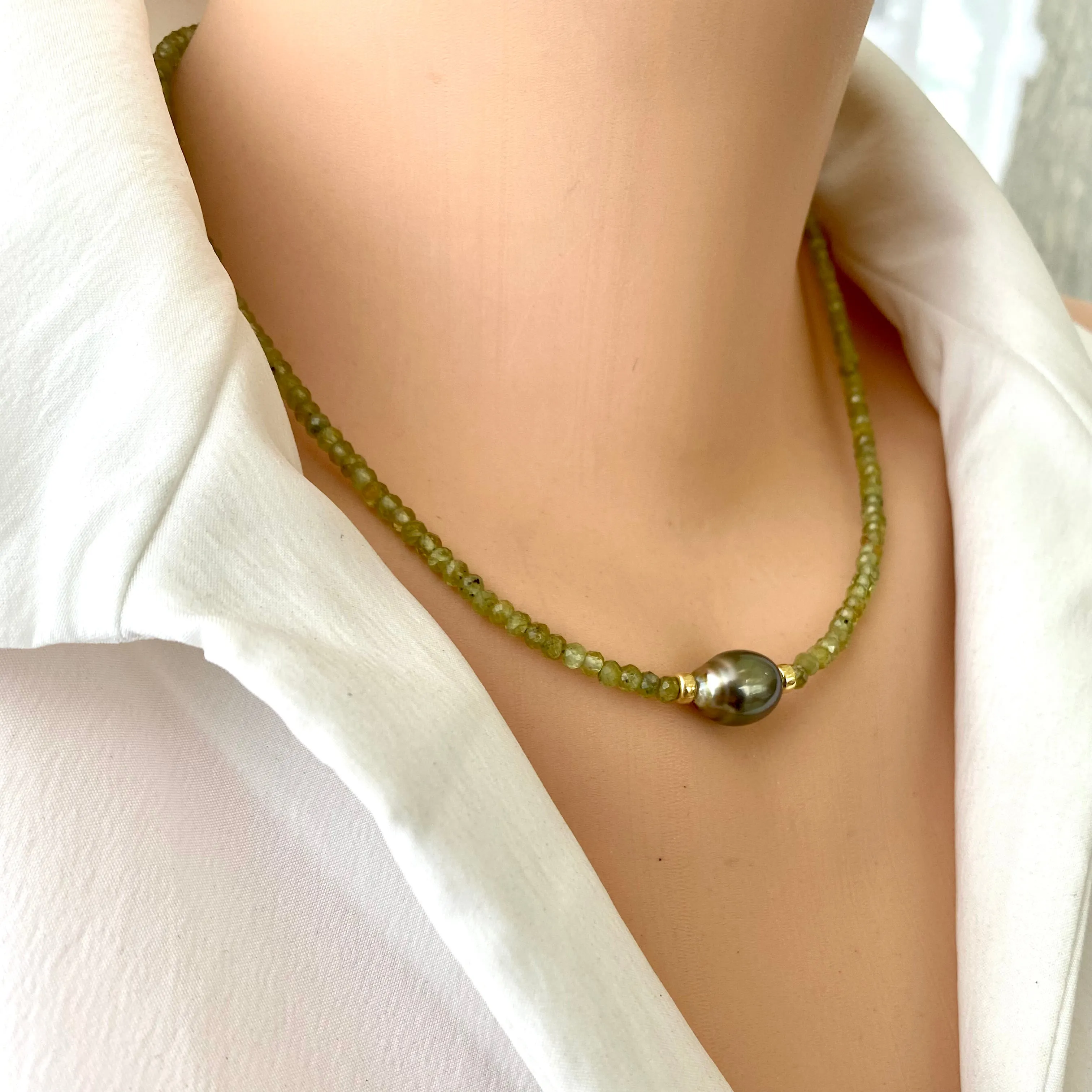 Peridot Necklace & Tahitian Baroque Pearl, Gold Vermeil Plated Silver, 17inch, August Birthstone