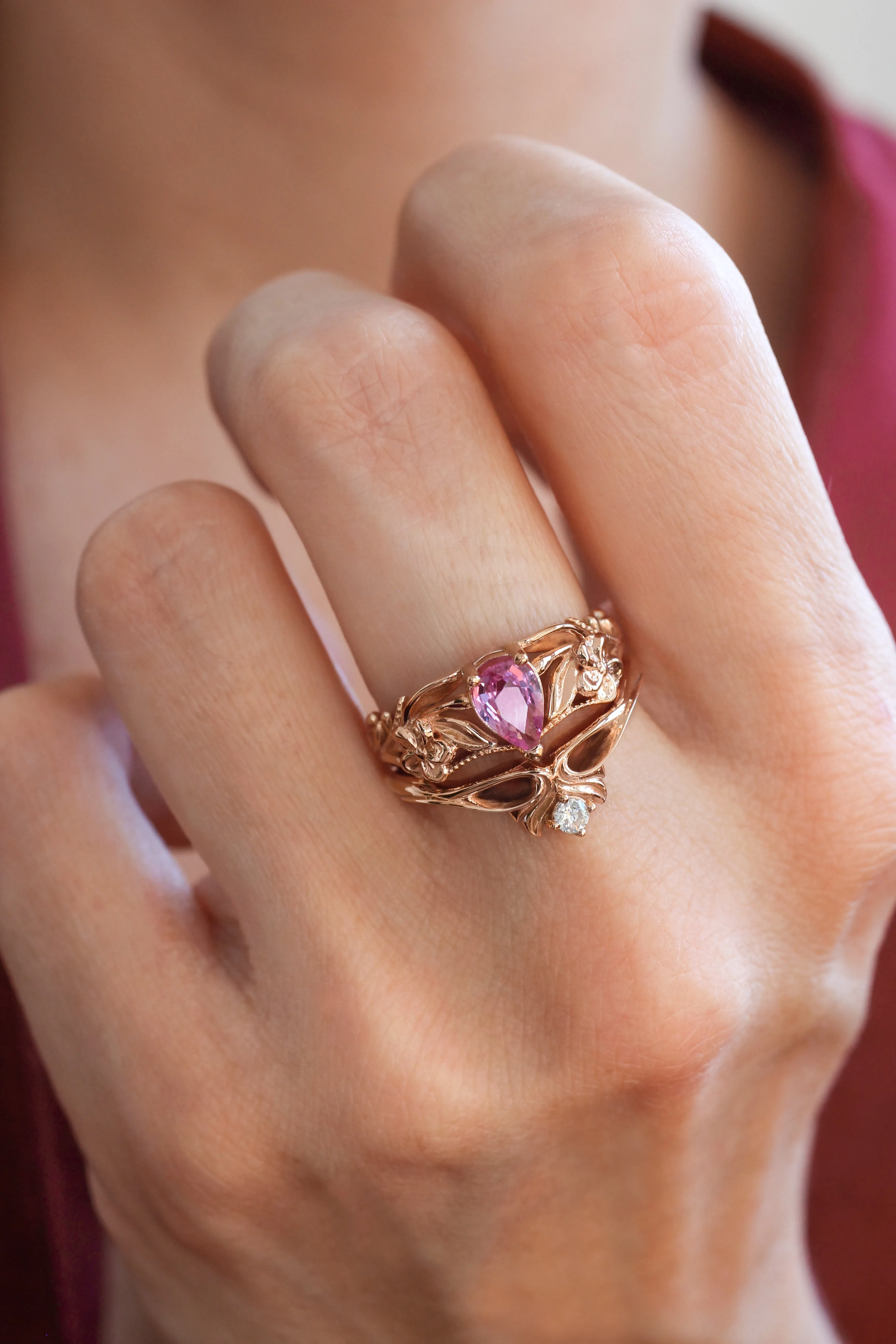 Pink sapphire bridal ring set, art nouveau ring / Eloise