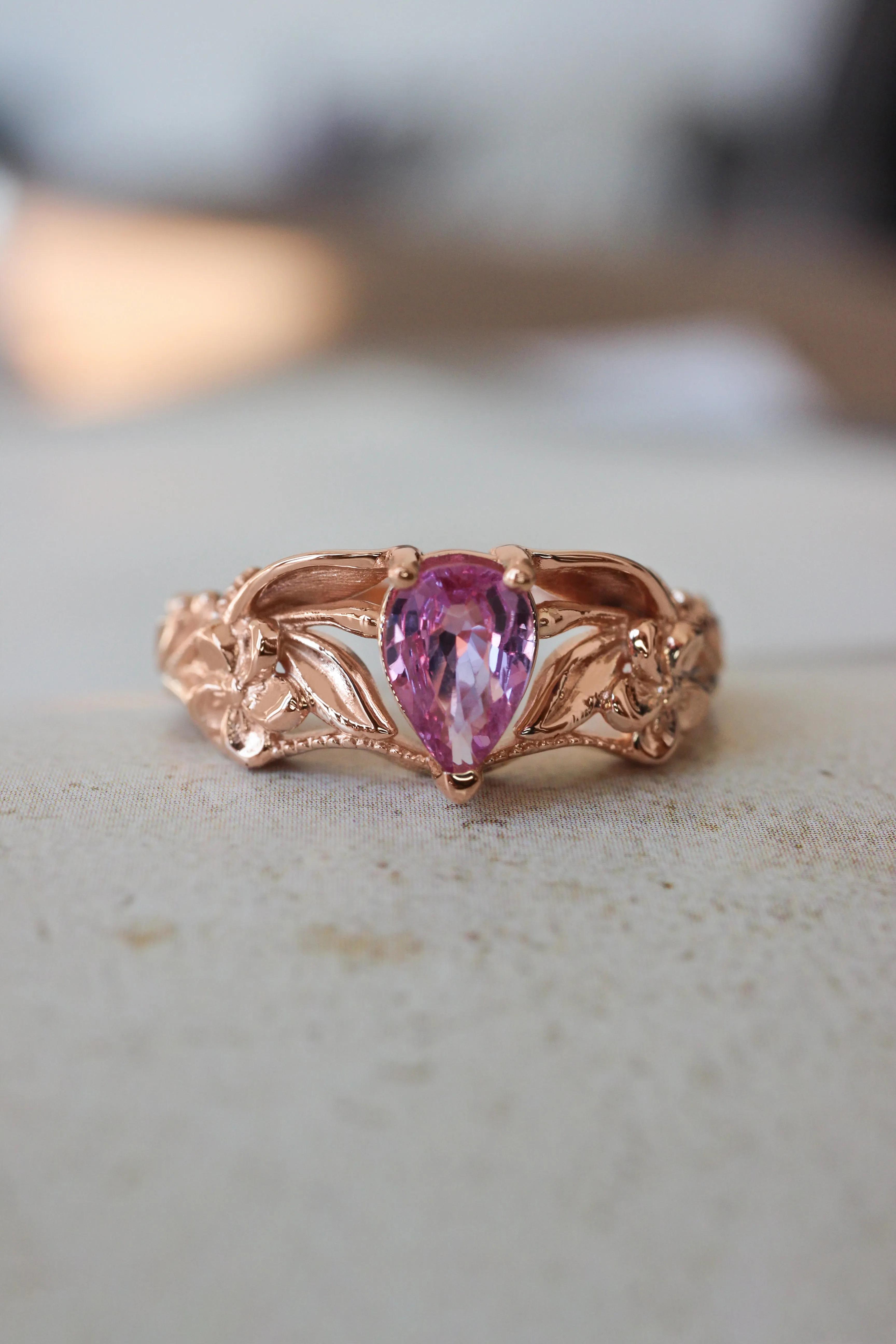 Pink sapphire bridal ring set, art nouveau ring / Eloise