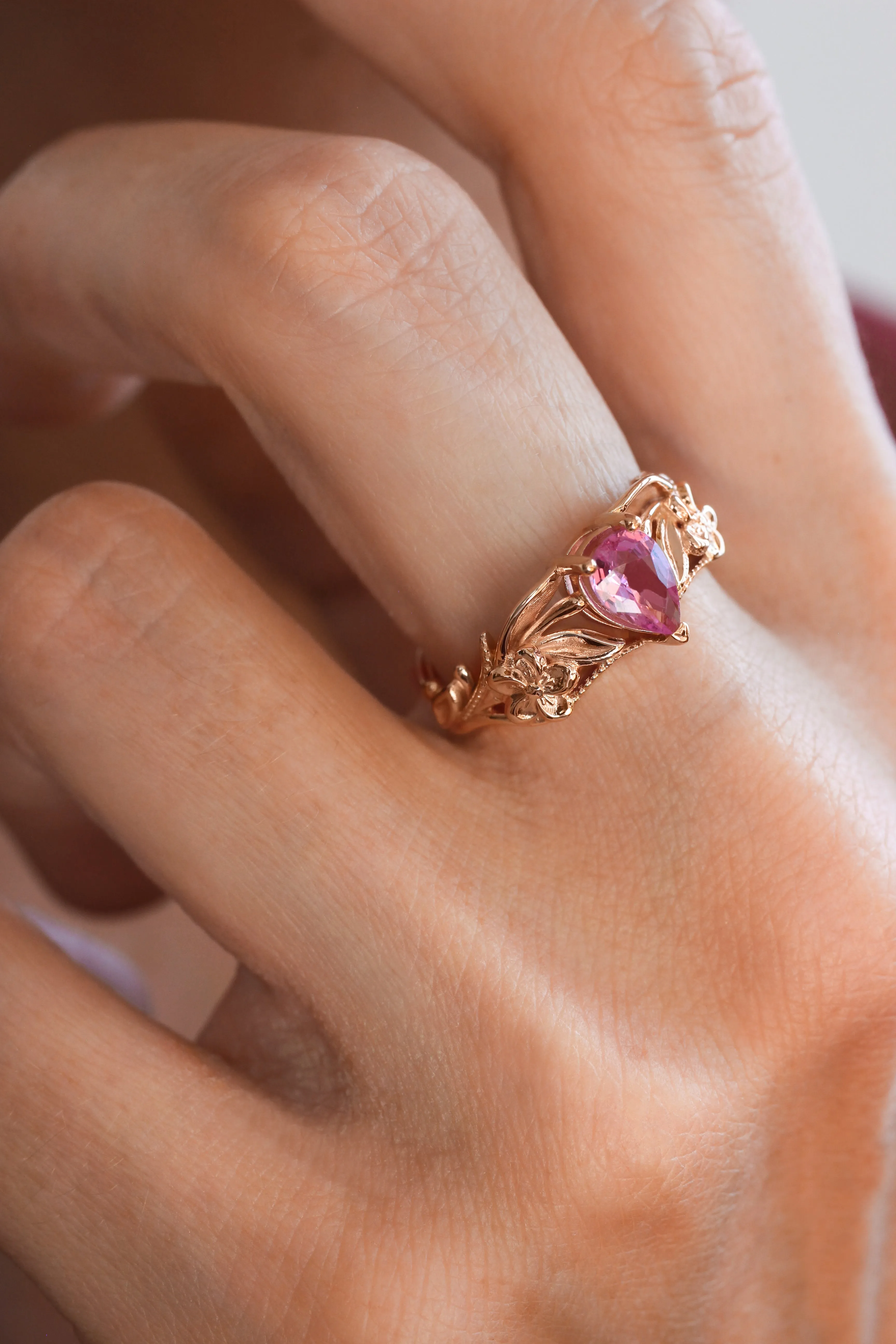 Pink sapphire bridal ring set, art nouveau ring / Eloise