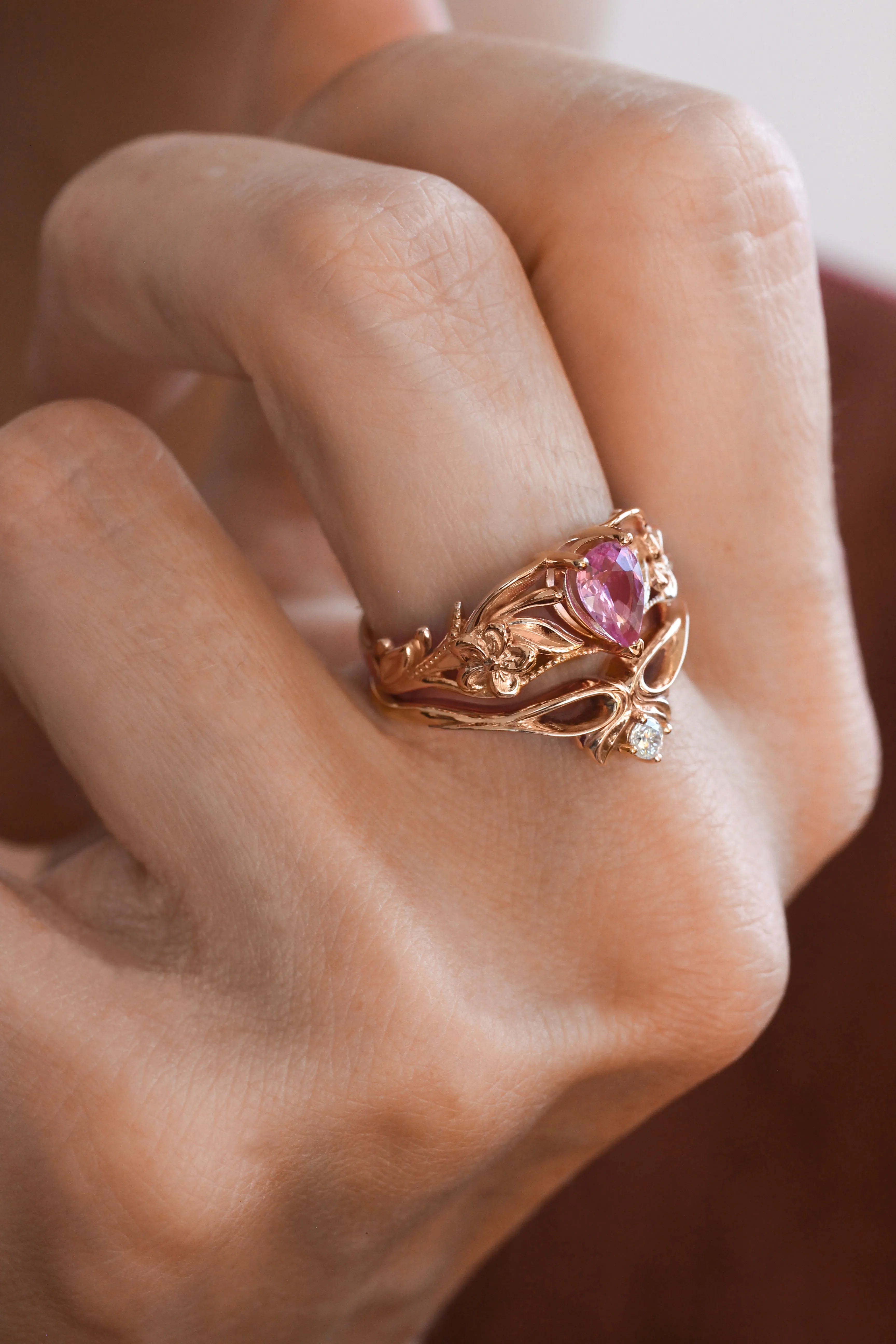 Pink sapphire bridal ring set, art nouveau ring / Eloise