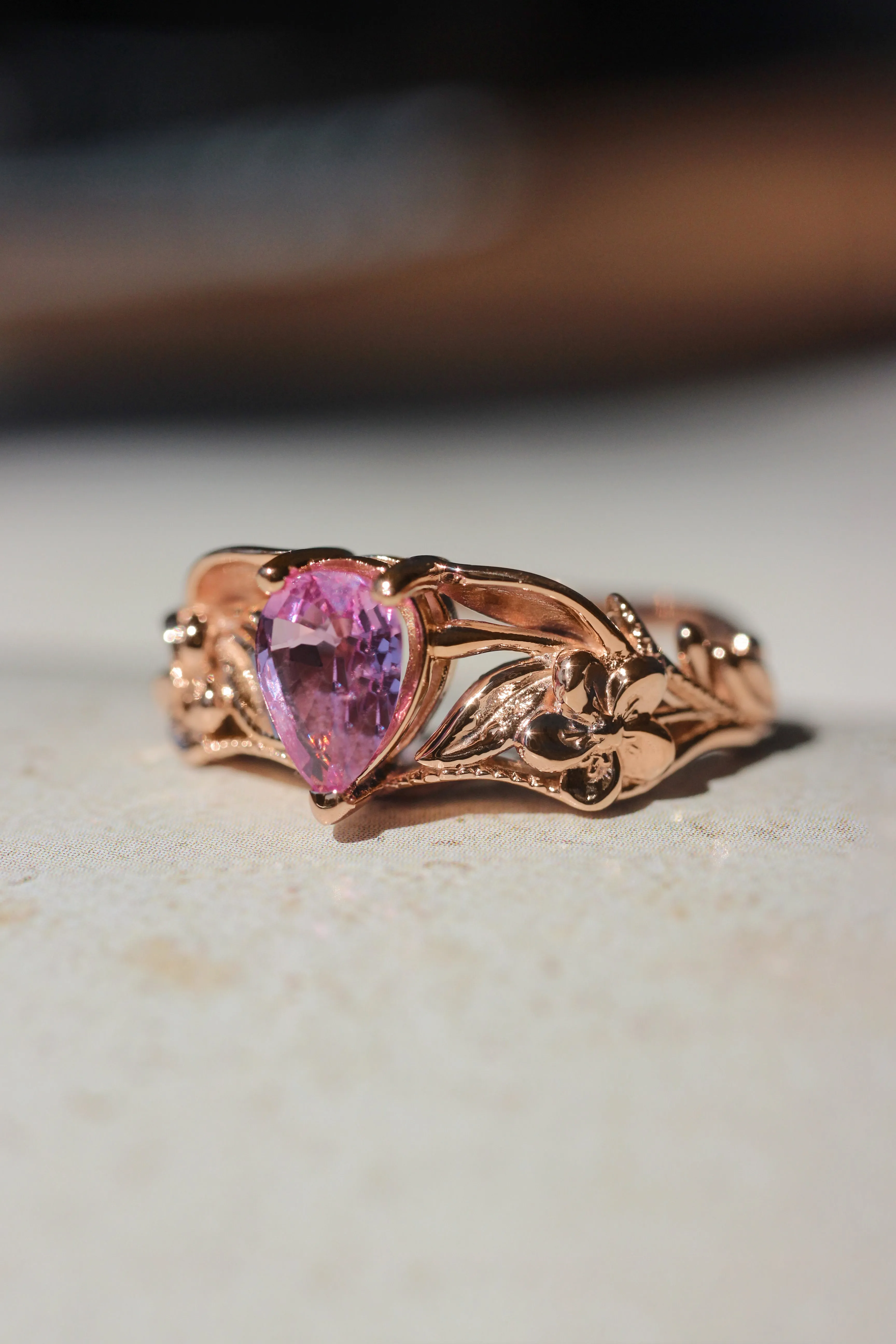 Pink sapphire bridal ring set, art nouveau ring / Eloise