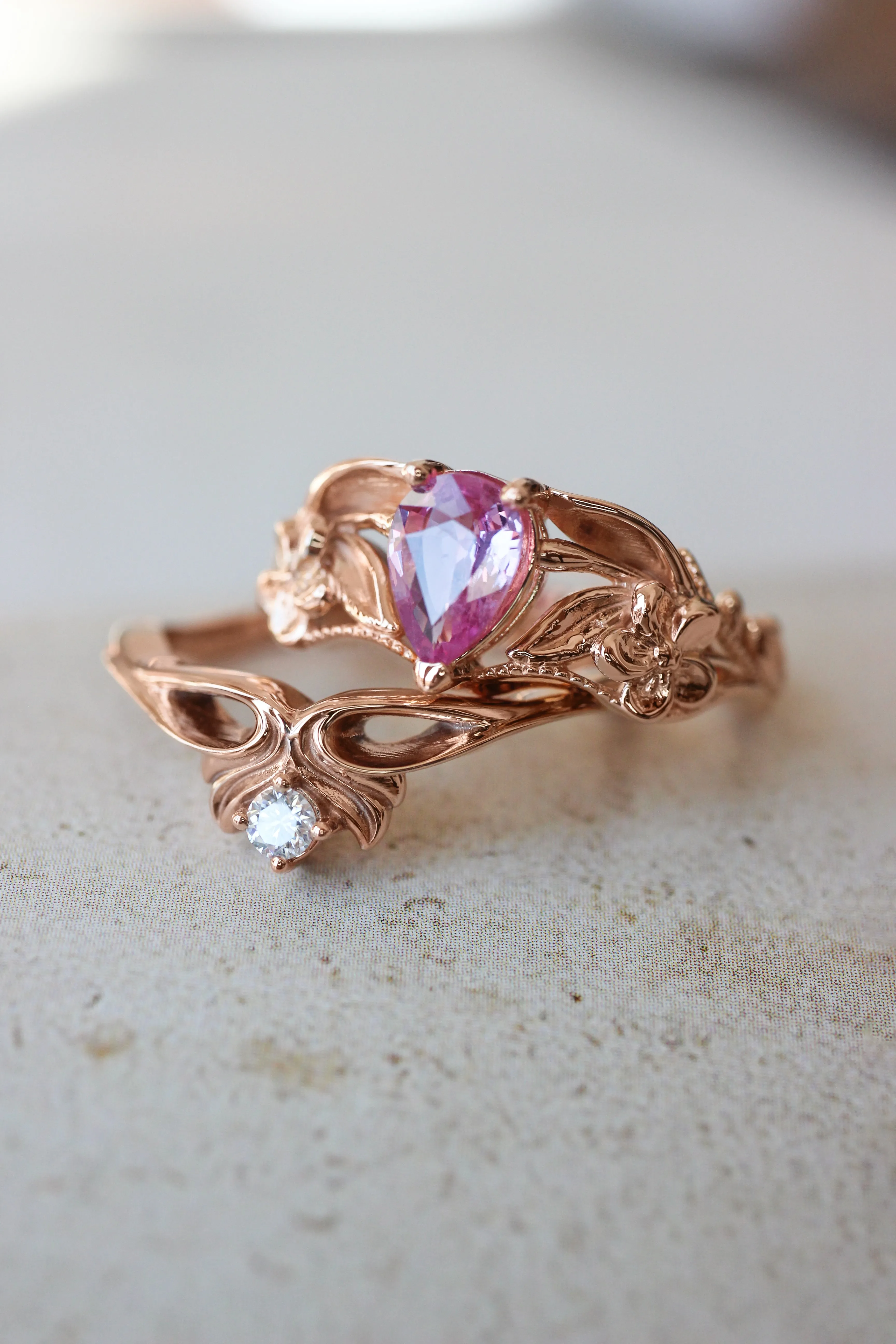 Pink sapphire bridal ring set, art nouveau ring / Eloise