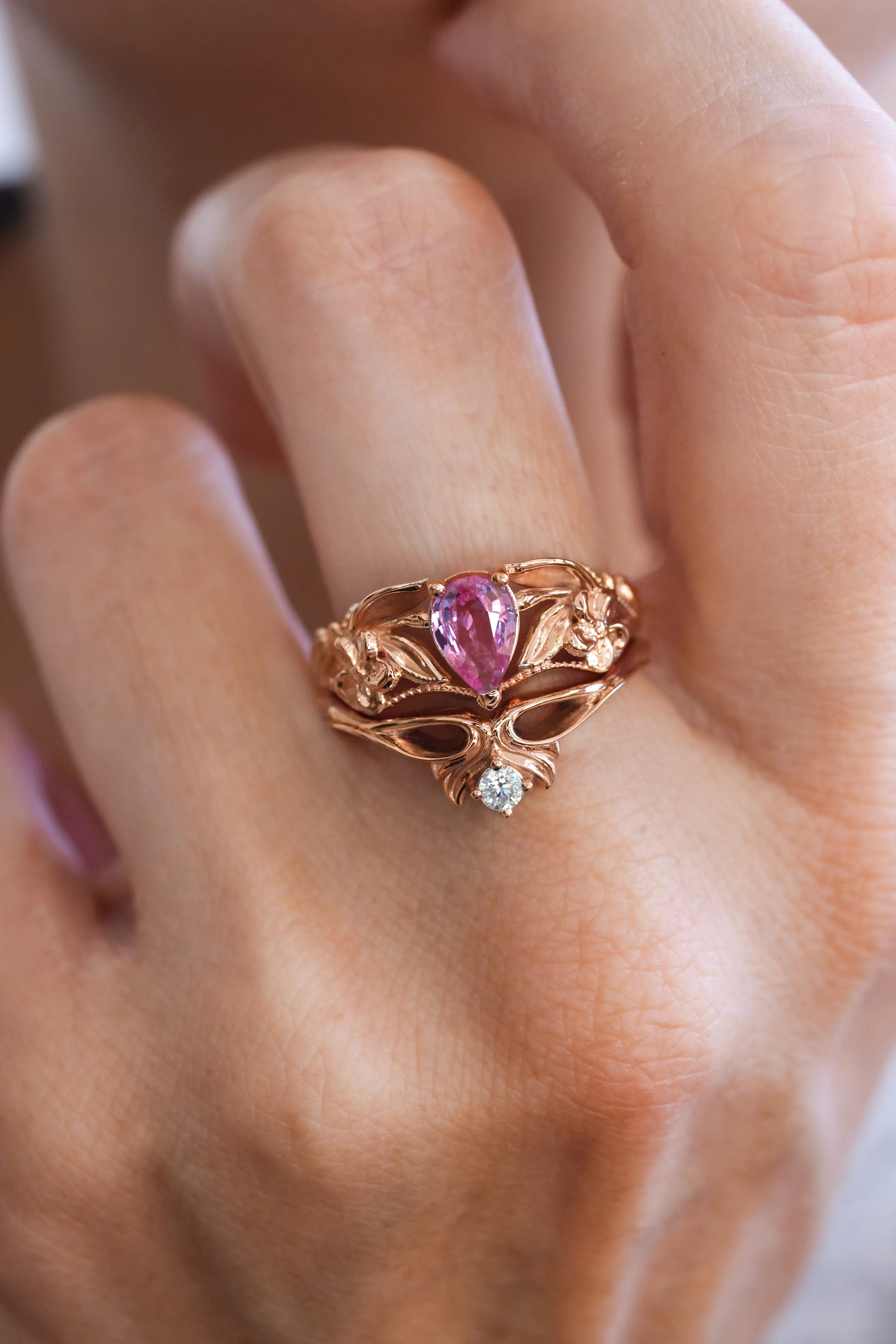 Pink sapphire bridal ring set, art nouveau ring / Eloise