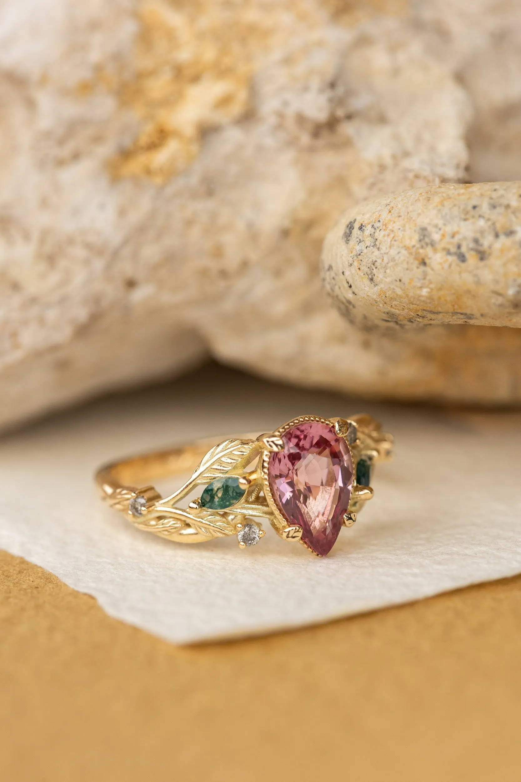 Pink spinel nature themed engagement ring with moss agates and salt and pepper diamonds / Patricia