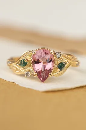 Pink spinel nature themed engagement ring with moss agates and salt and pepper diamonds / Patricia