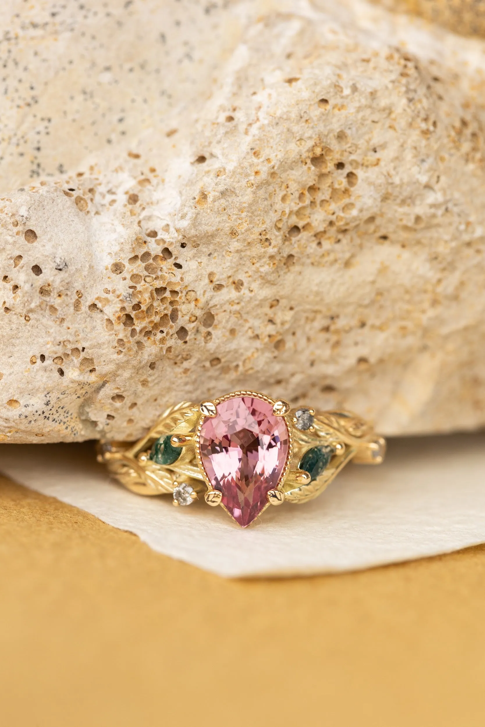 Pink spinel nature themed engagement ring with moss agates and salt and pepper diamonds / Patricia