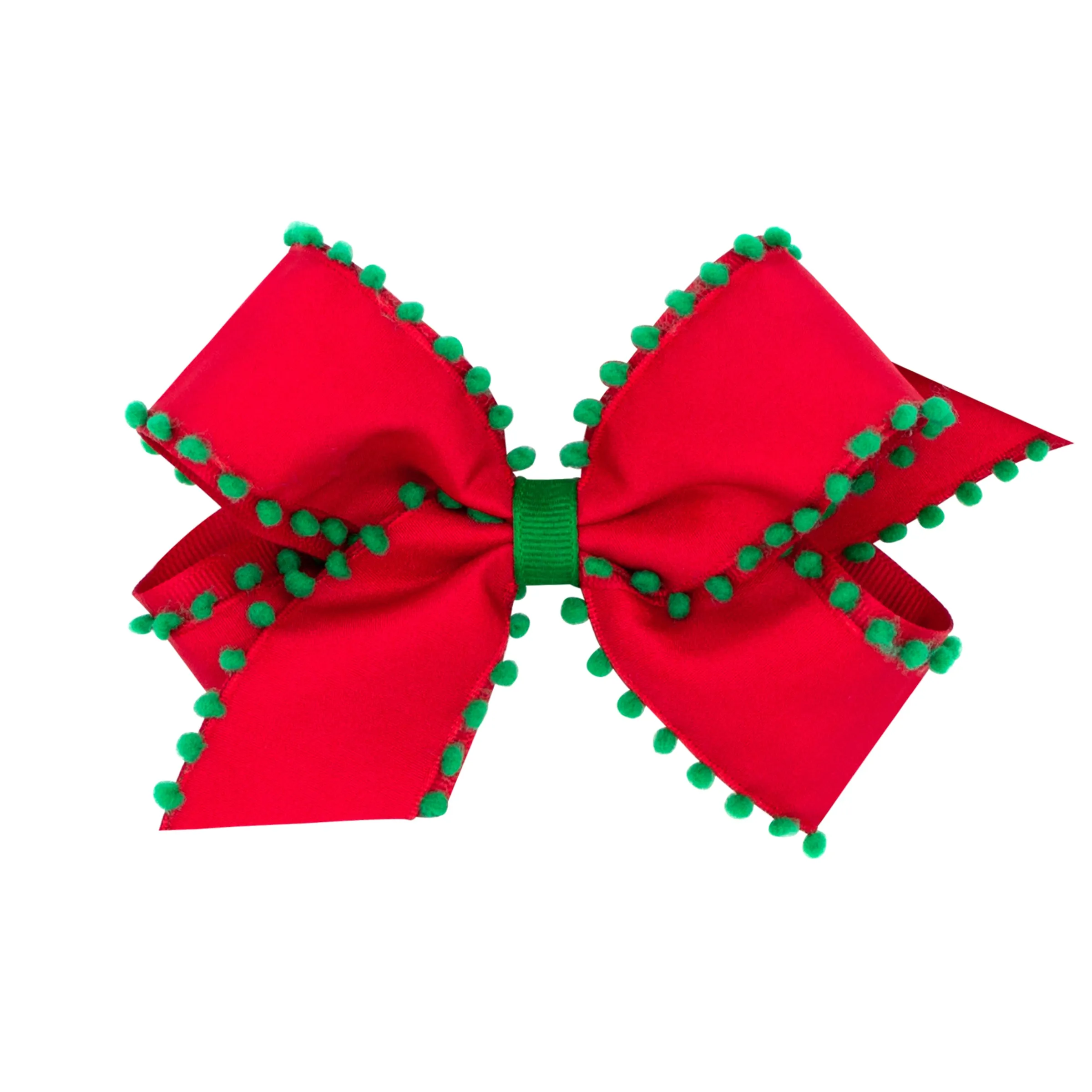 Pom-Pom Edge Grosgrain Overlay Hair Bow on Clippie - Red w/Green