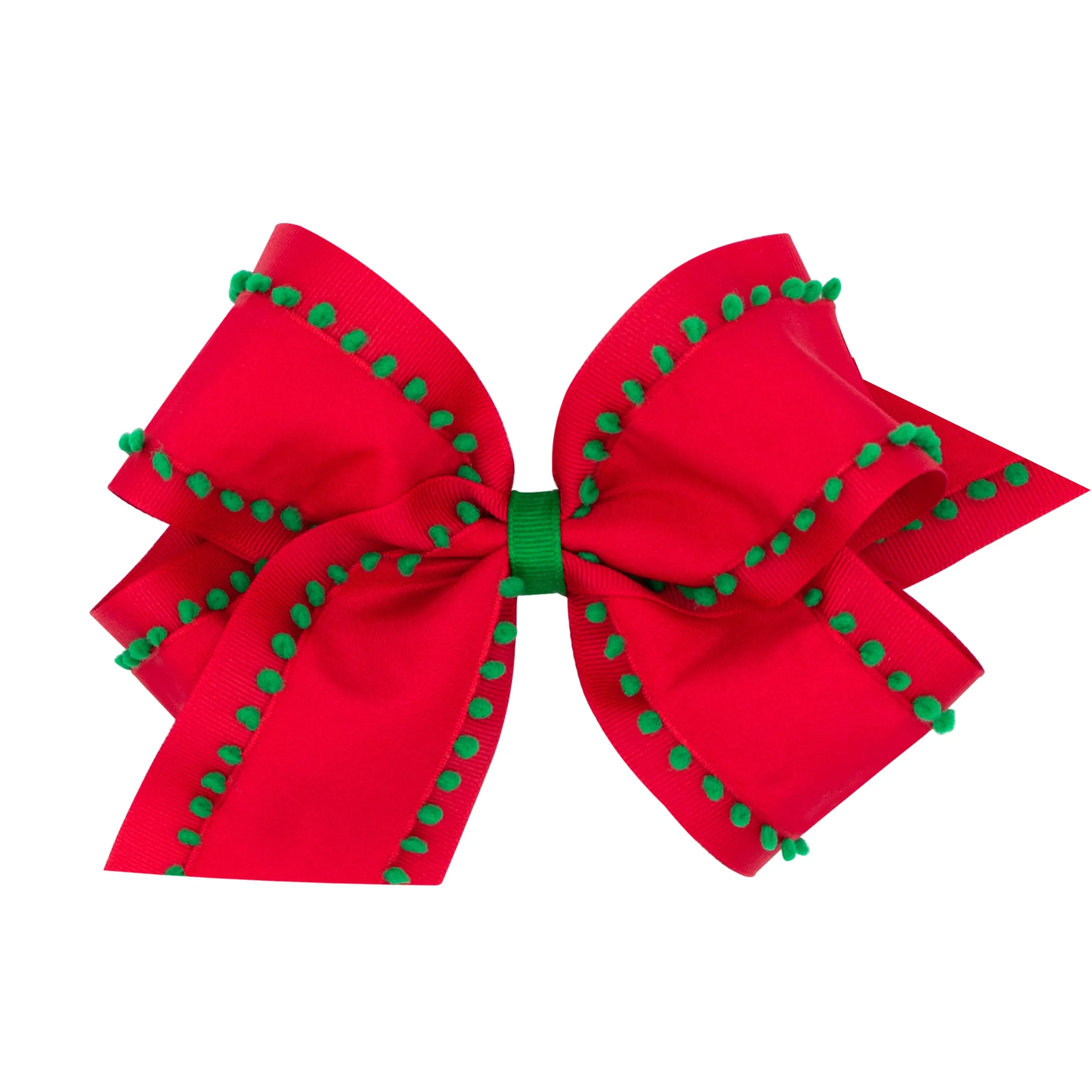 Pom-Pom Edge Grosgrain Overlay Hair Bow on Clippie - Red w/Green