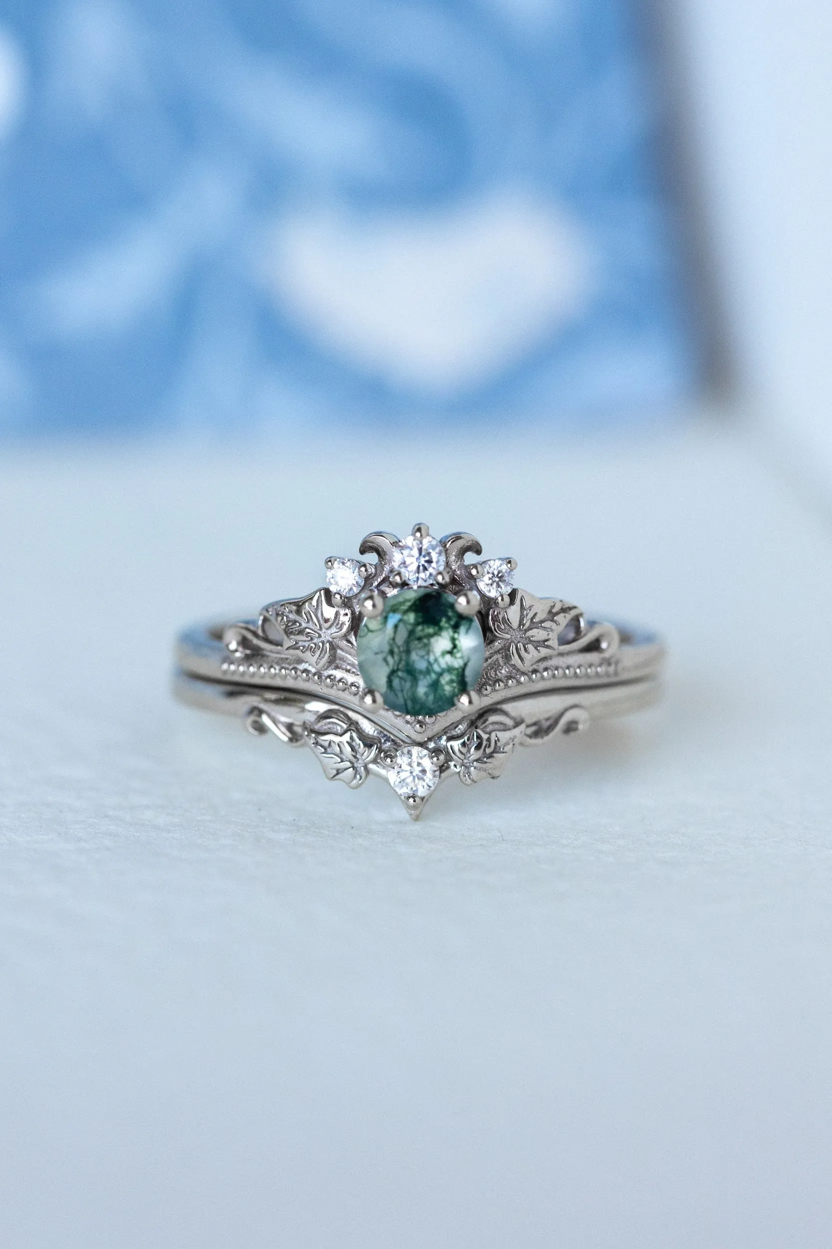 READY TO SHIP: Ariadne bridal ring set in 14K white gold, natural moss agate 5 mm, accent lab grown diamonds, AVAILABLE RING SIZES: 6-8, 9-10 US