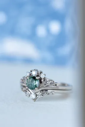 READY TO SHIP: Ariadne bridal ring set in 14K white gold, natural moss agate 5 mm, accent lab grown diamonds, AVAILABLE RING SIZES: 6-8, 9-10 US