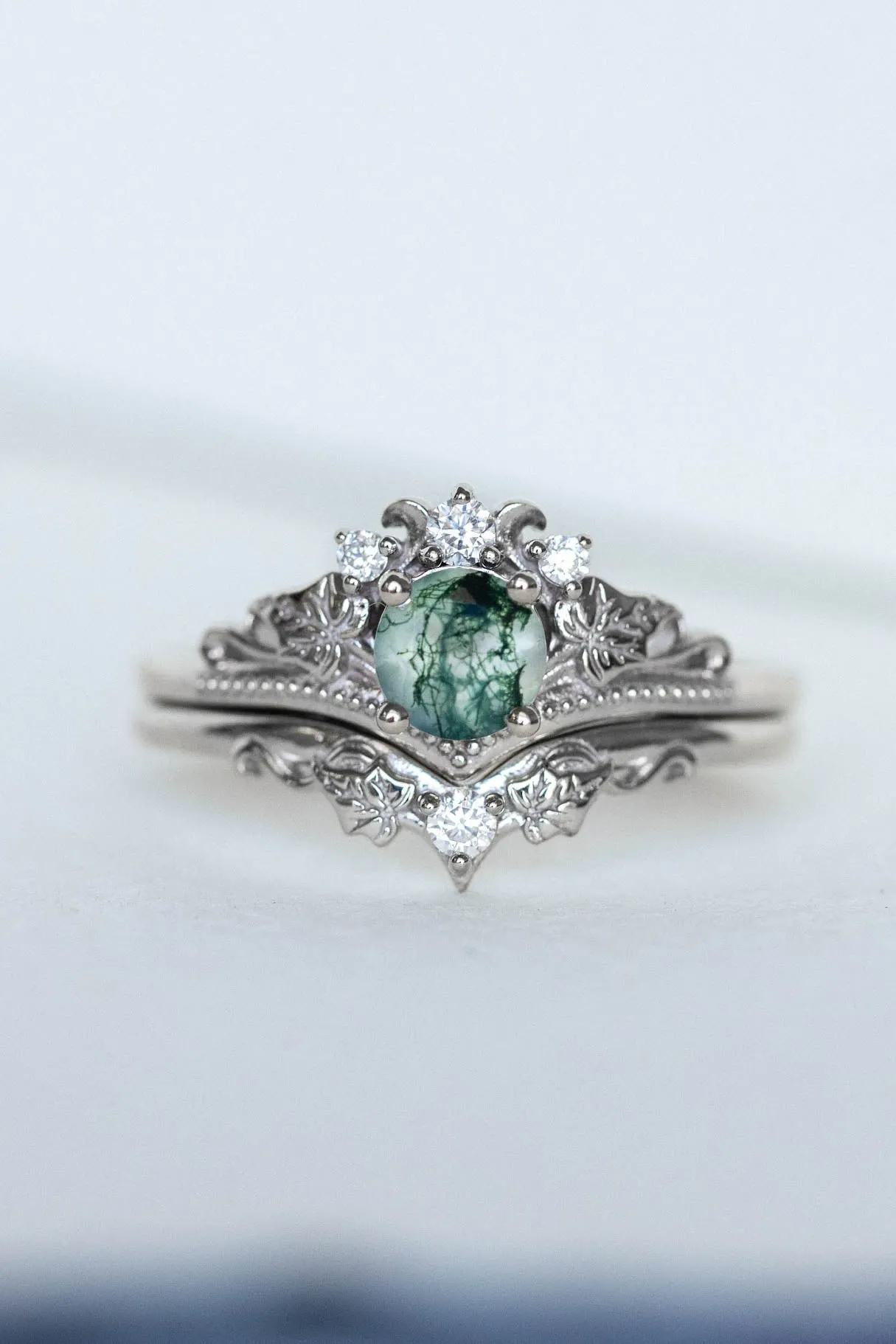 READY TO SHIP: Ariadne bridal ring set in 14K white gold, natural moss agate 5 mm, accent lab grown diamonds, AVAILABLE RING SIZES: 6-8, 9-10 US