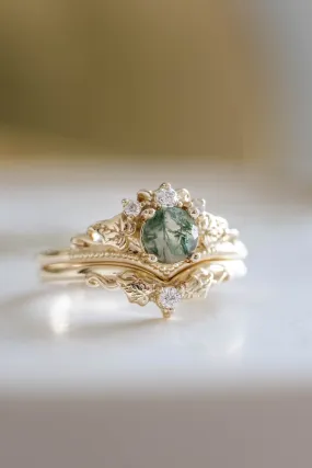 READY TO SHIP: Ariadne bridal ring set in 14K yellow gold, natural moss agate 5 mm, accents lab grown diamonds, AVAILABLE RING SIZES: 6-8, 9-11US