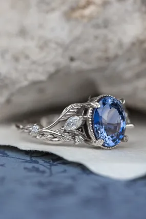 READY TO SHIP: Patricia ring in 14K white gold, natural blue sapphire 8x6 mm, accent natural diamonds, AVAILABLE RING SIZES: 6-8US