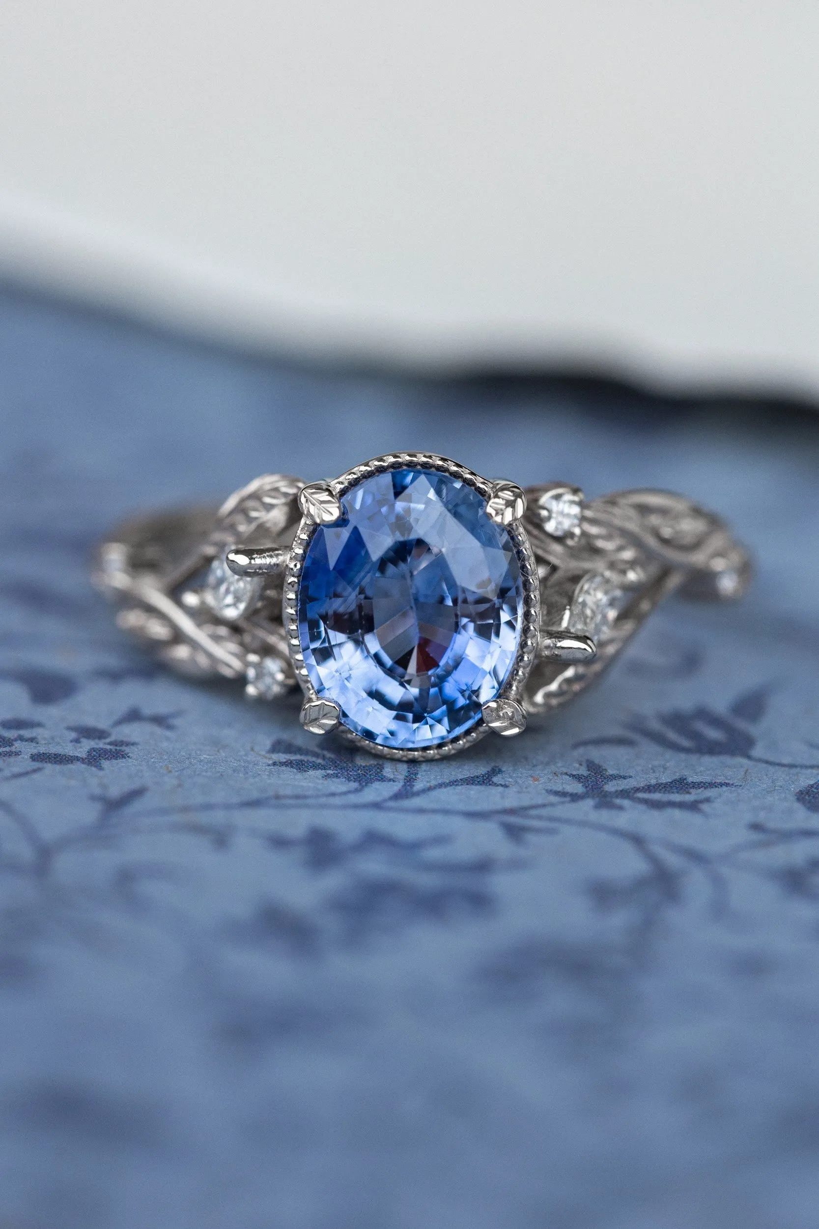 READY TO SHIP: Patricia ring in 14K white gold, natural blue sapphire 8x6 mm, accent natural diamonds, AVAILABLE RING SIZES: 6-8US