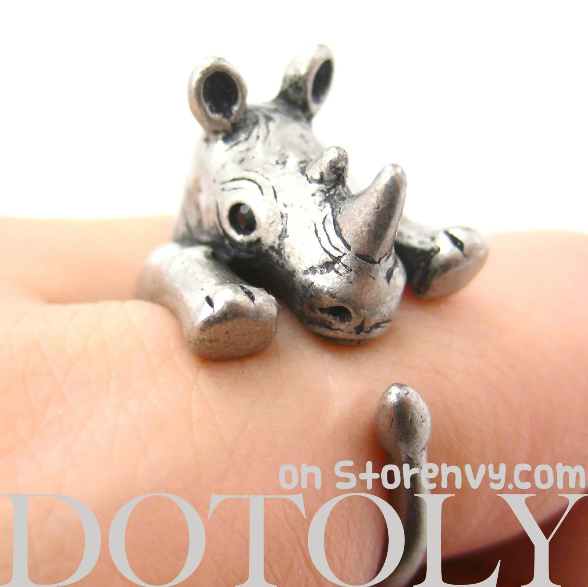 Rhino Rhinoceros Animal Wrap Around Ring in Silver - Size 5 to 10