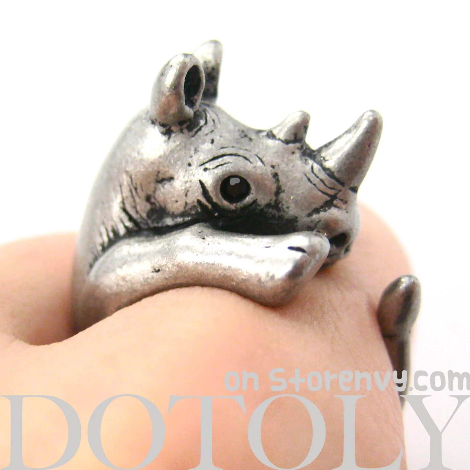 Rhino Rhinoceros Animal Wrap Around Ring in Silver - Size 5 to 10