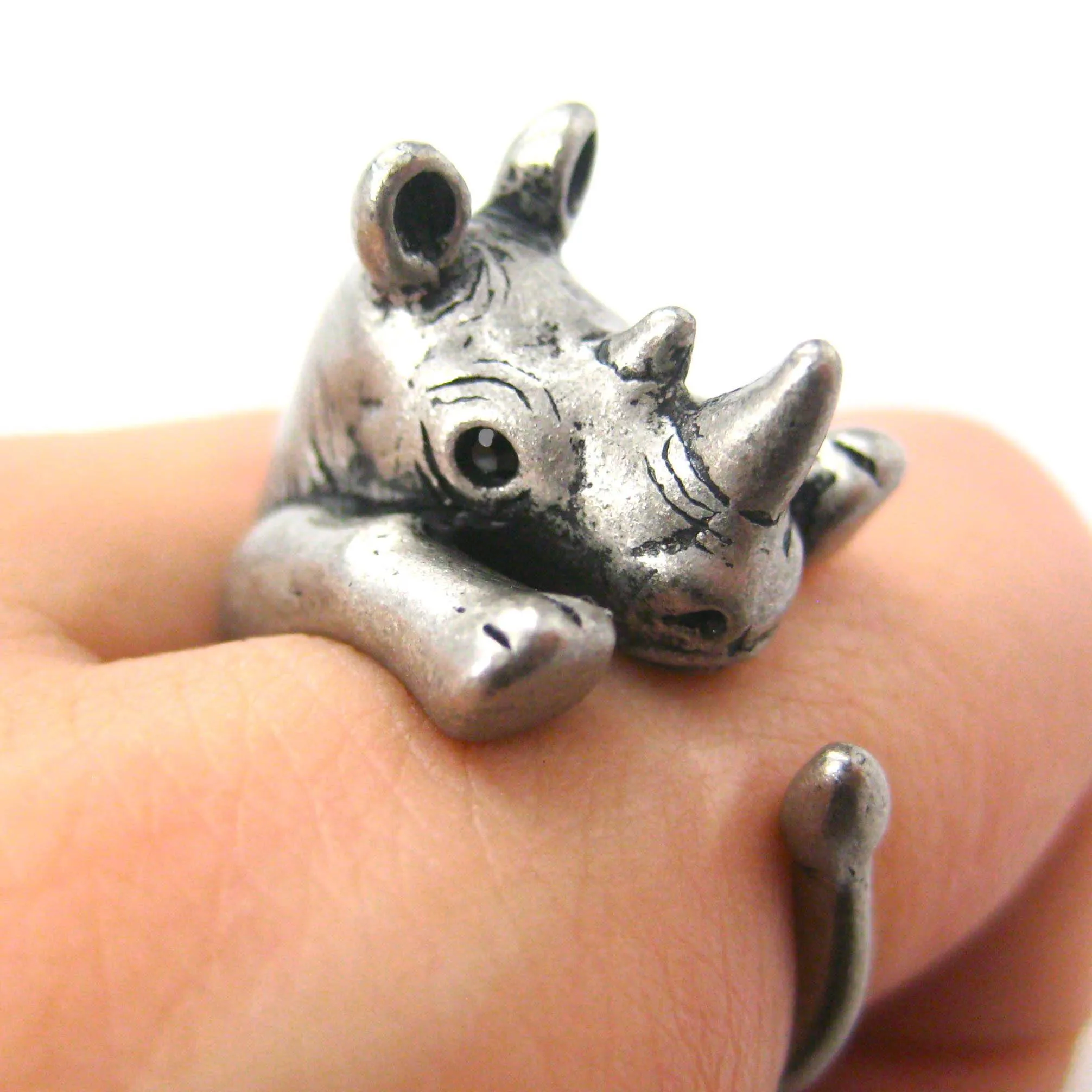 Rhino Rhinoceros Animal Wrap Around Ring in Silver - Size 5 to 10