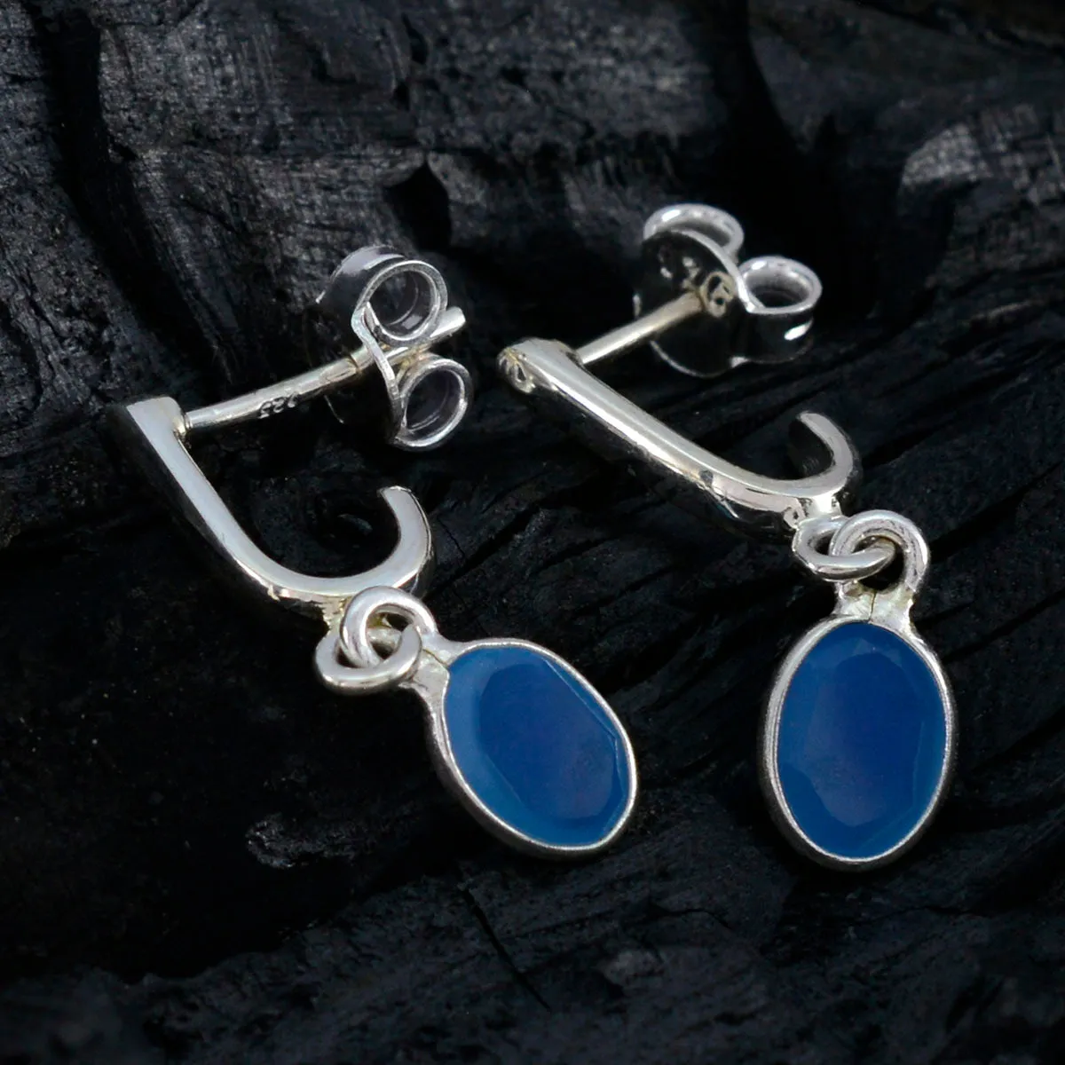 Riyo Beguiling Sterling Silver Earring For Women Blue Chalcedony Earring Bezel Setting Blue Earring Stud Earring