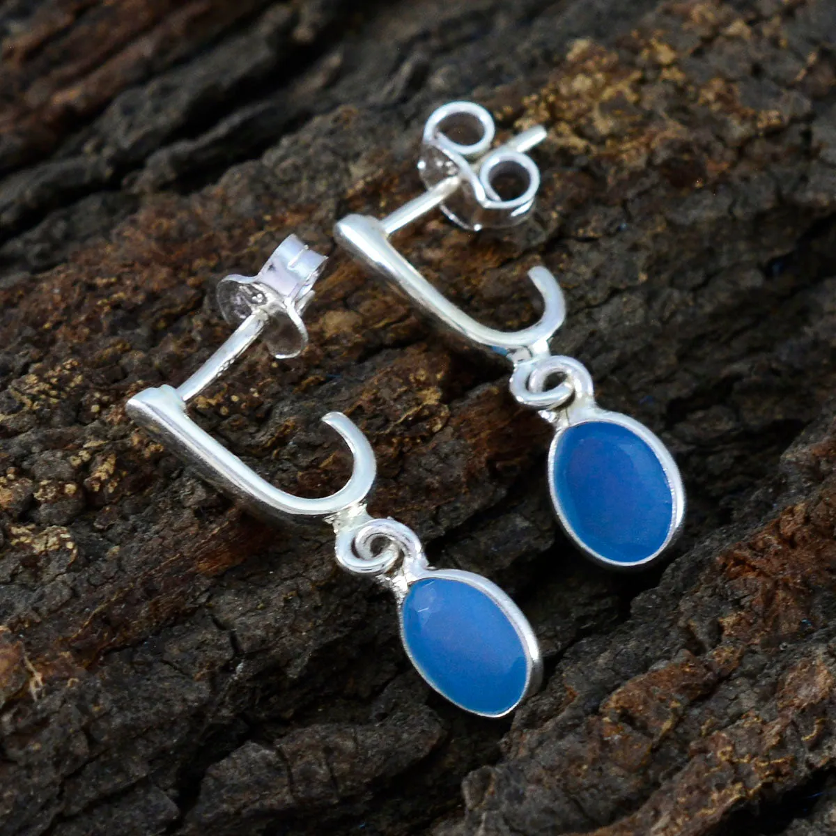 Riyo Beguiling Sterling Silver Earring For Women Blue Chalcedony Earring Bezel Setting Blue Earring Stud Earring