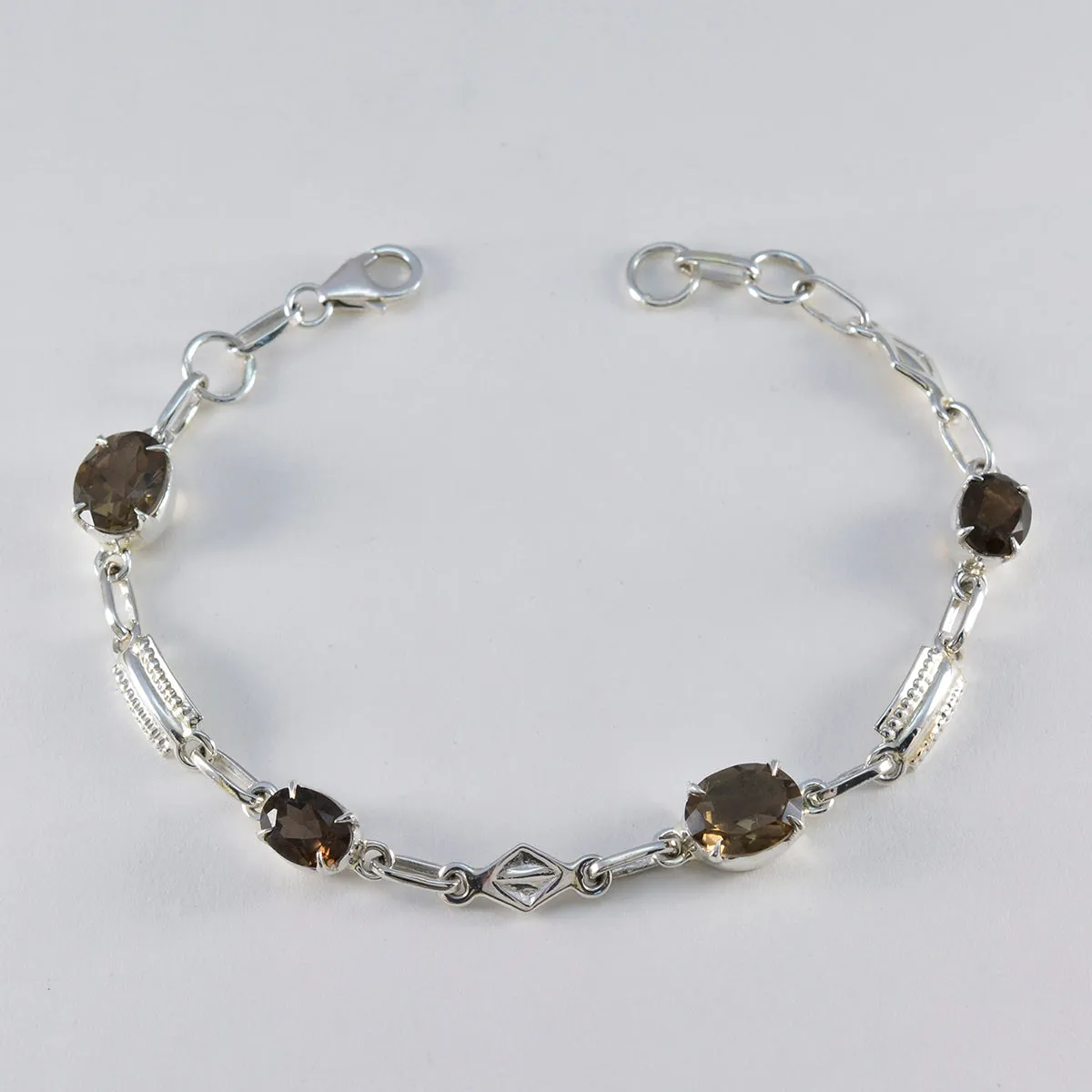 Riyo Desirable 925 Sterling Silver Bracelet For Girl Smoky Quartz Bracelet Prong Setting Bracelet with Fish Hook Link Bracelet L Size 6-8.5 Inch.