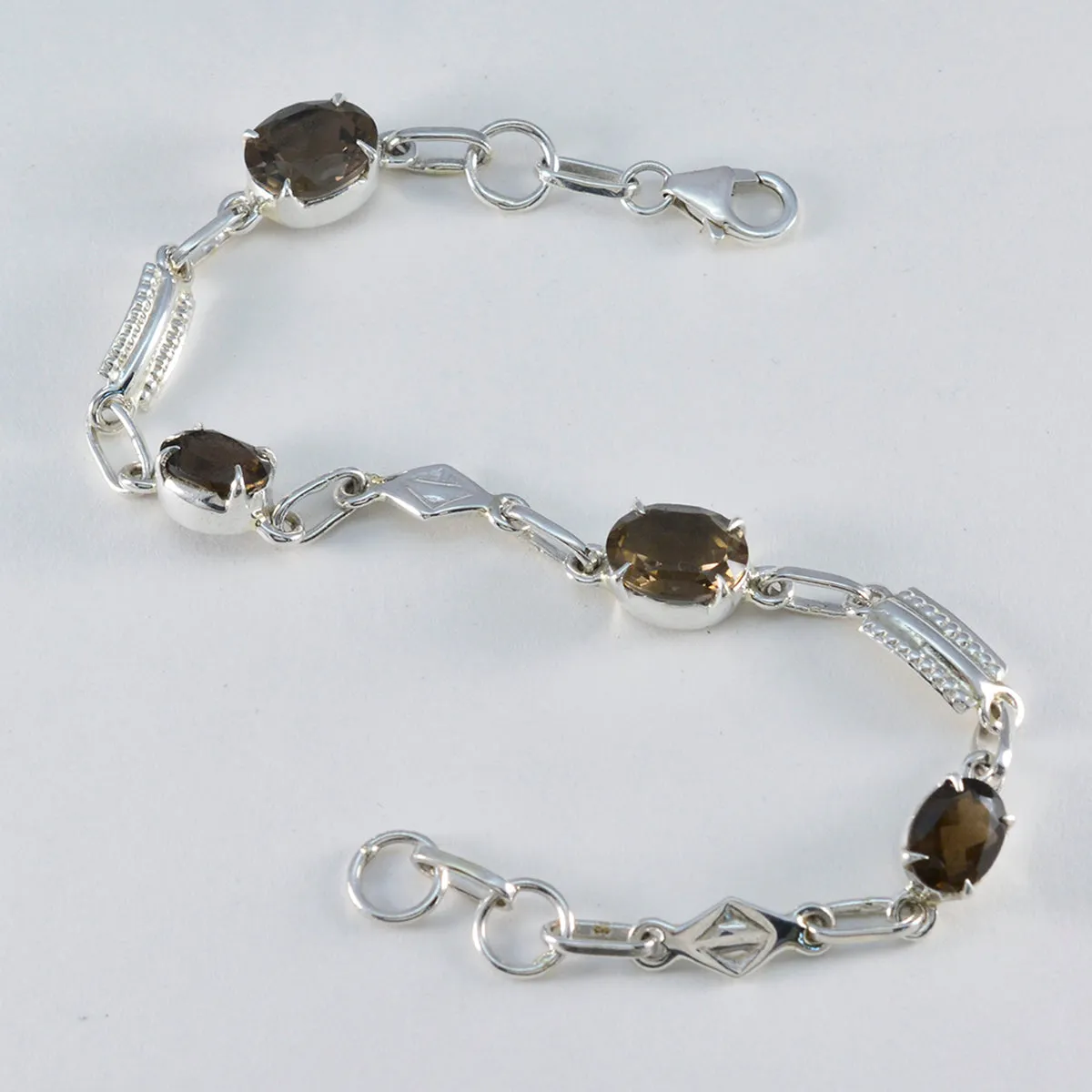 Riyo Desirable 925 Sterling Silver Bracelet For Girl Smoky Quartz Bracelet Prong Setting Bracelet with Fish Hook Link Bracelet L Size 6-8.5 Inch.