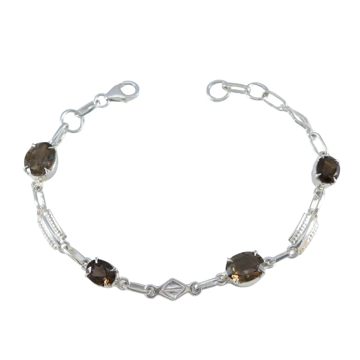 Riyo Desirable 925 Sterling Silver Bracelet For Girl Smoky Quartz Bracelet Prong Setting Bracelet with Fish Hook Link Bracelet L Size 6-8.5 Inch.