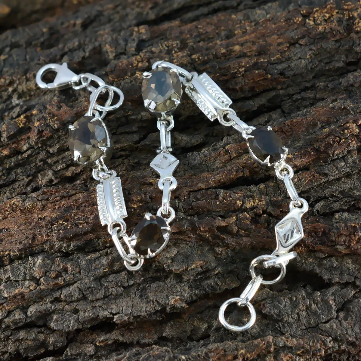 Riyo Desirable 925 Sterling Silver Bracelet For Girl Smoky Quartz Bracelet Prong Setting Bracelet with Fish Hook Link Bracelet L Size 6-8.5 Inch.