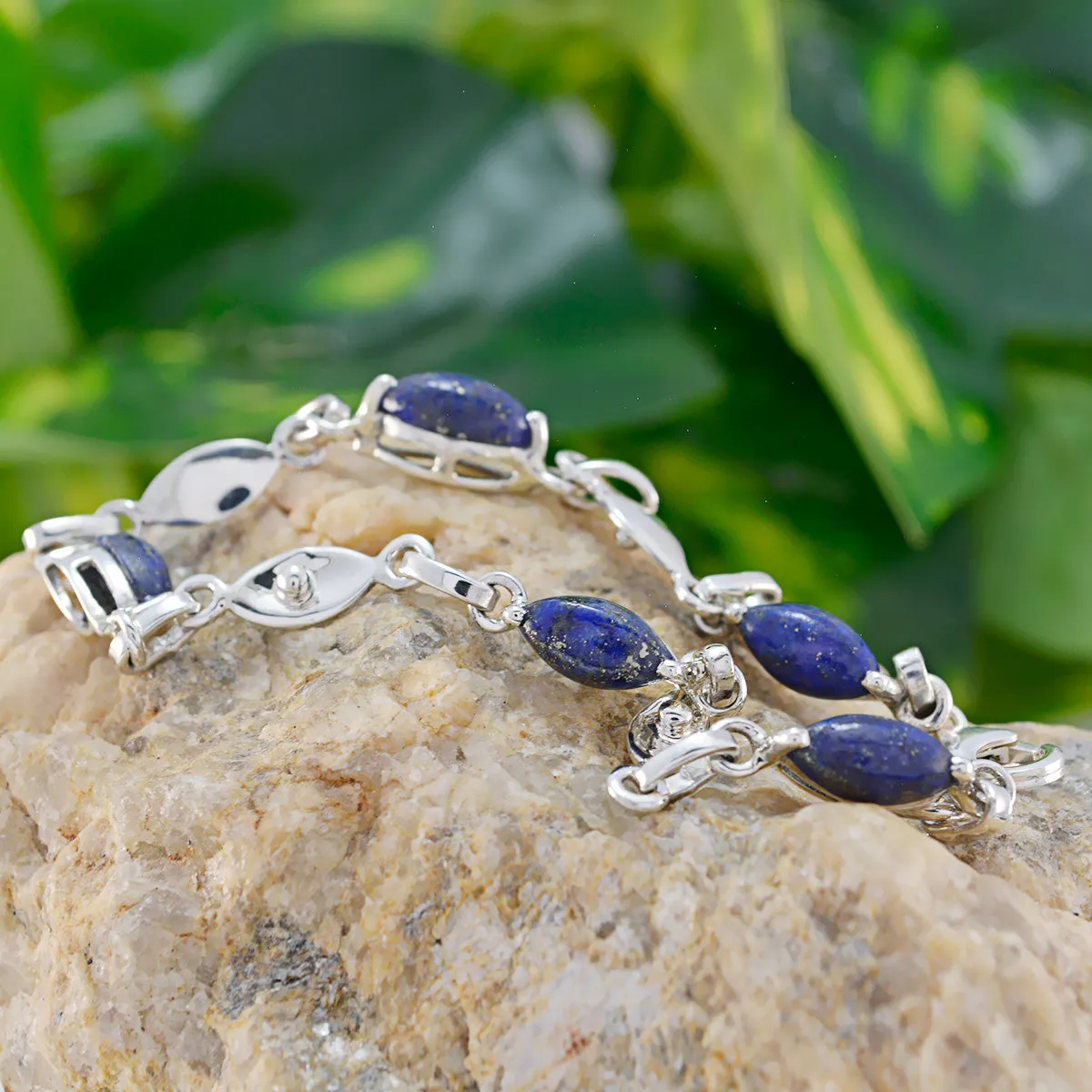 Riyo Genuine Gems Marquise Cabochon Navy Blue Lapis Lazuli Silver Bracelets mother gift