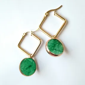 Round Green Jade Single Drop Square Hoop Earrings