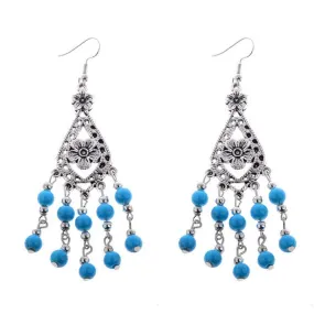 Royal Blue and Silver Beaded Flower Dangle Earrings