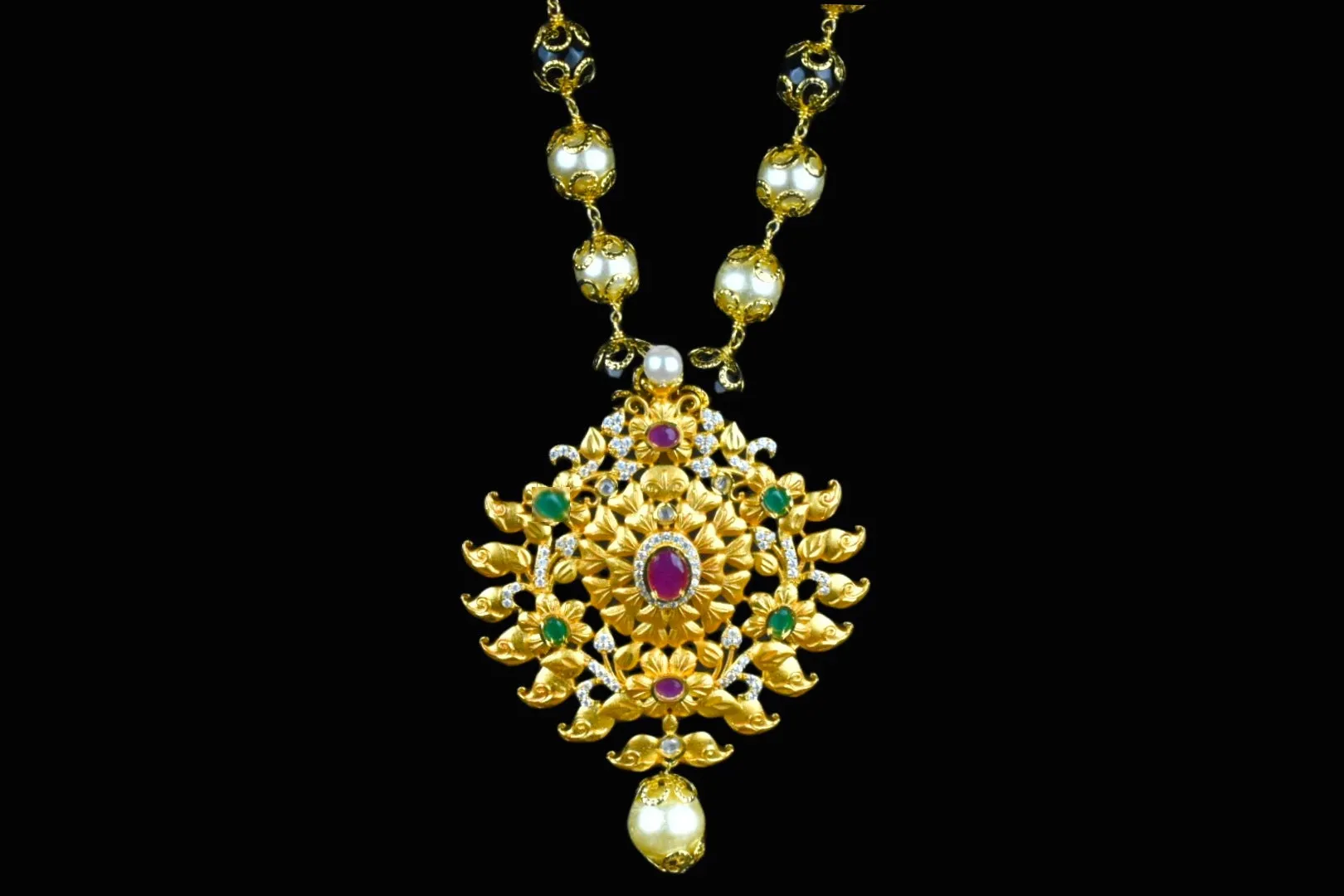 Ruby Emrald Pendant With Pearls Necklace By Asp Fashion Jewellery