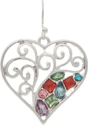 Silver Multicolor Sparkle Swirl Hearts Earrings