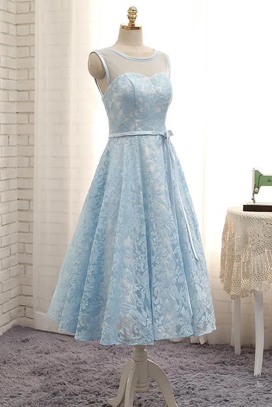 Simple Tea Length Light Blue Lace Homecoming Dress with Belt Short Prom Dress