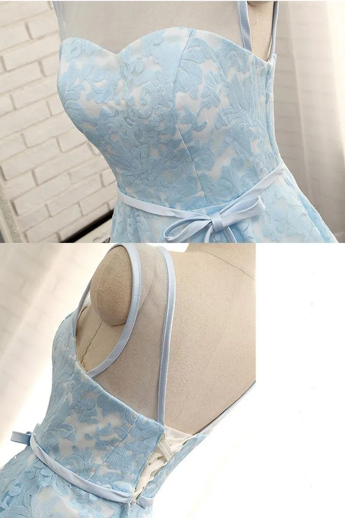 Simple Tea Length Light Blue Lace Homecoming Dress with Belt Short Prom Dress