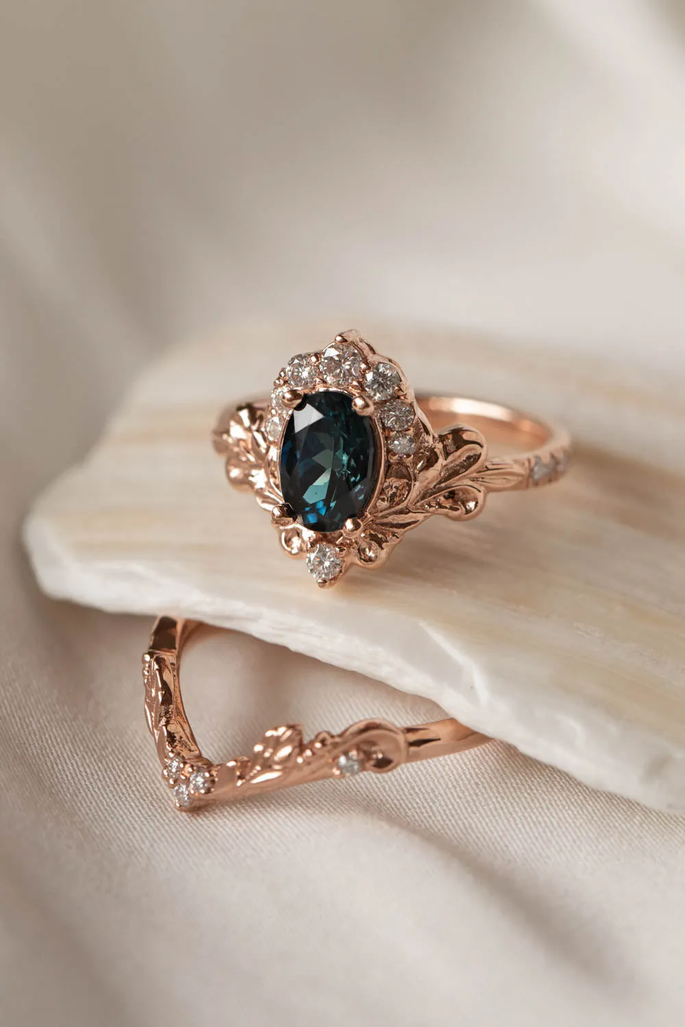 Teal tourmaline and diamonds bridal ring set, baroque inspired engagement ring set / Sophie