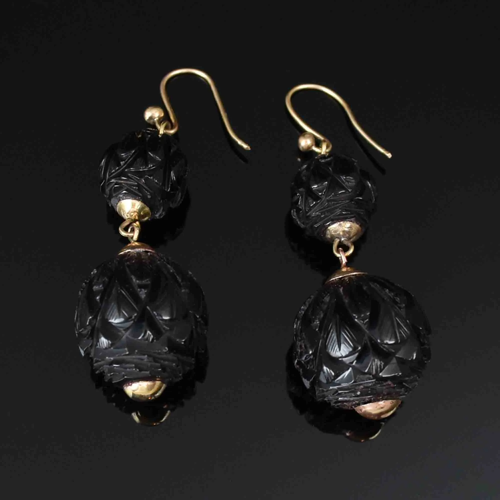 Victorian Carved Whitby Jet Dangle Earrings