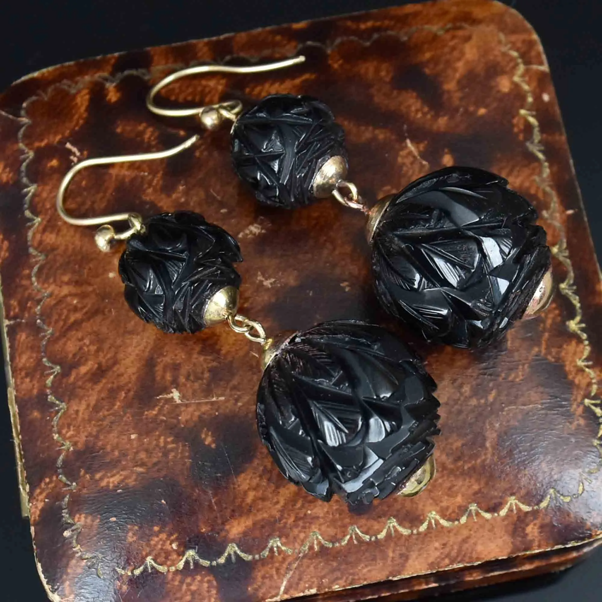 Victorian Carved Whitby Jet Dangle Earrings